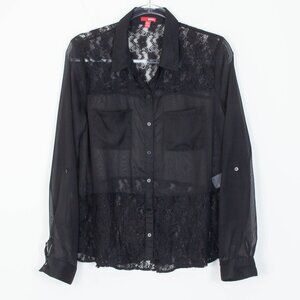 Bongo Womens Sheer Lace Button Down Blouse Size XL Black Roll Tab Y2K Whimsigoth